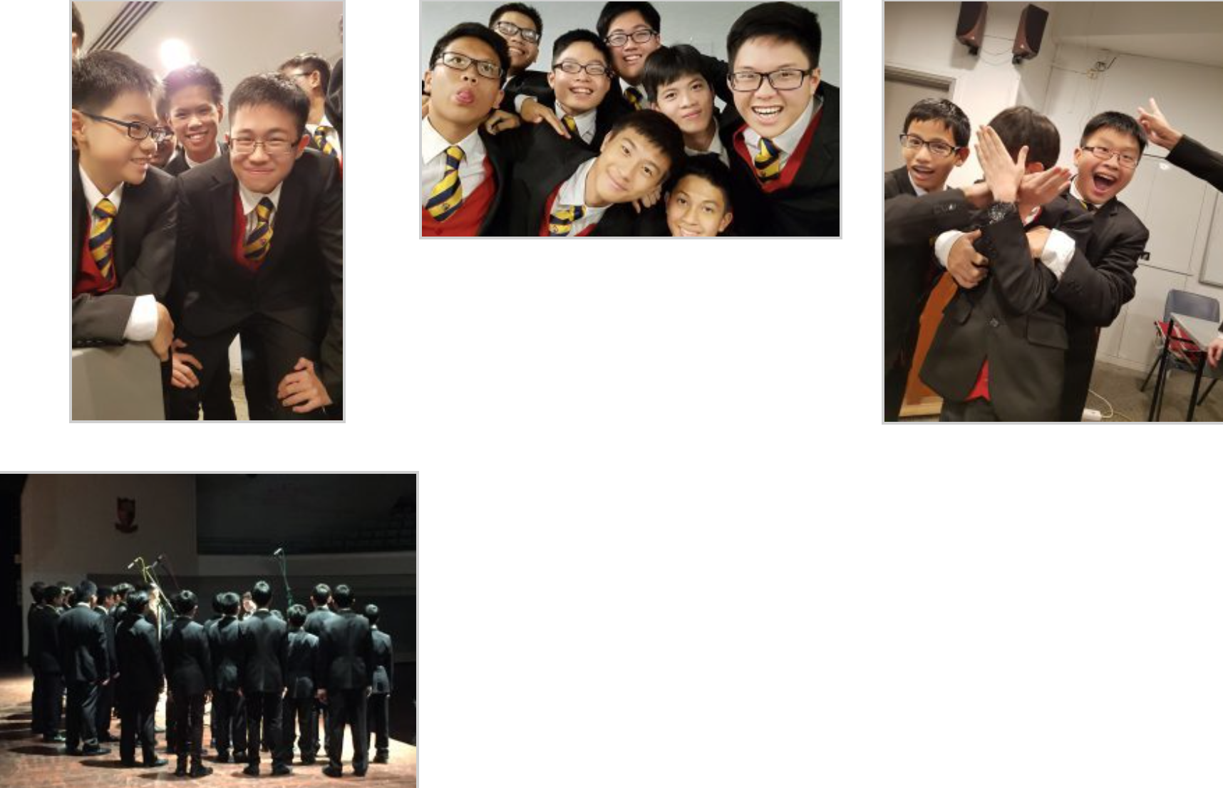 Four photos of young male students in dark uniforms with striped ties, posing, smiling, and performing on stage.